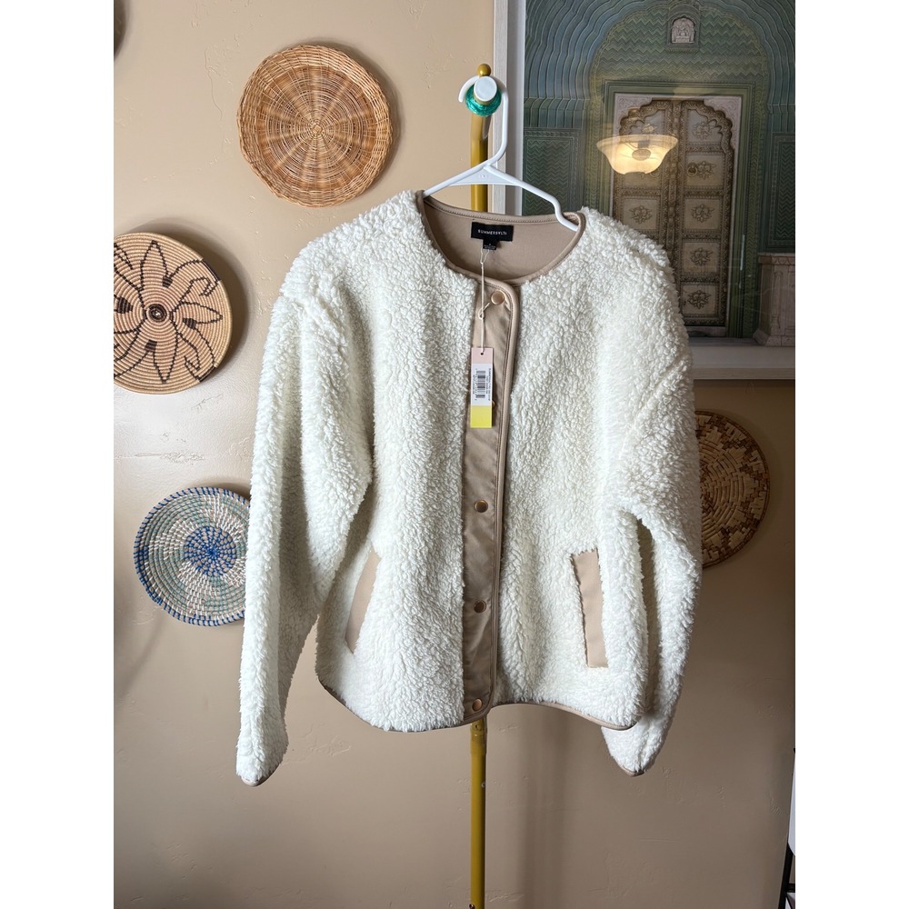 Summersalt The Coziest Fleece Jacket Ivory Tan Trim Snap Front Sherpa Small NWT